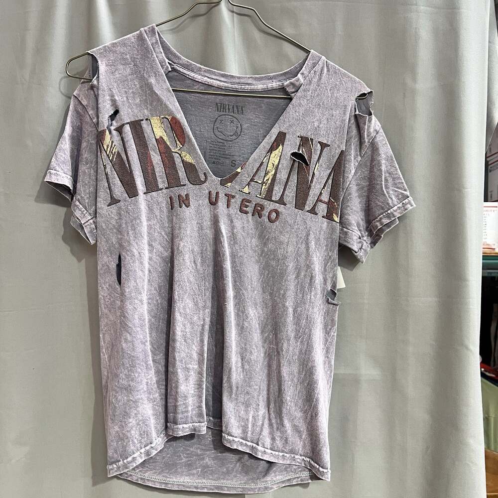 Vintage Nirvana In Utero T Shirt Distressed Mineral Wash V Neck Cut Out Large